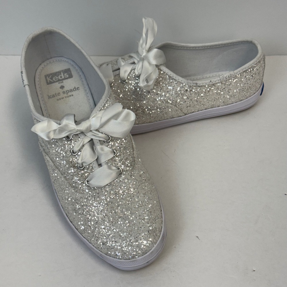 Keds x Kate Spade Silver Glitter Champion Sneakers Satin Ribbon Laces 7.5ā